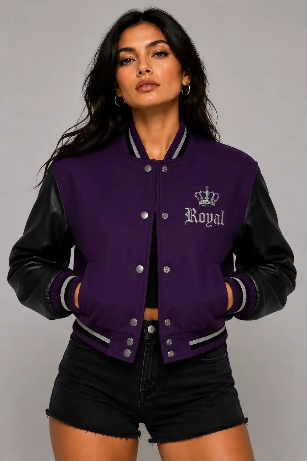 Royal Poison Embroidered Cropped Varsity Jacket Women Purple Black