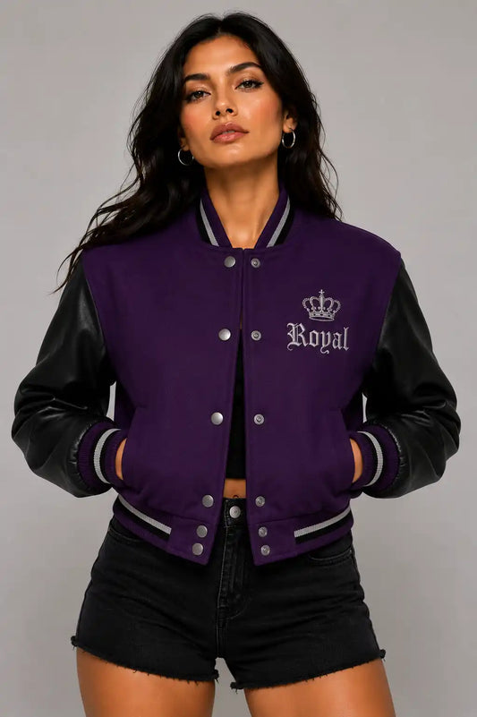 Royal Poison Embroidered Cropped Varsity Jacket Women Purple Black