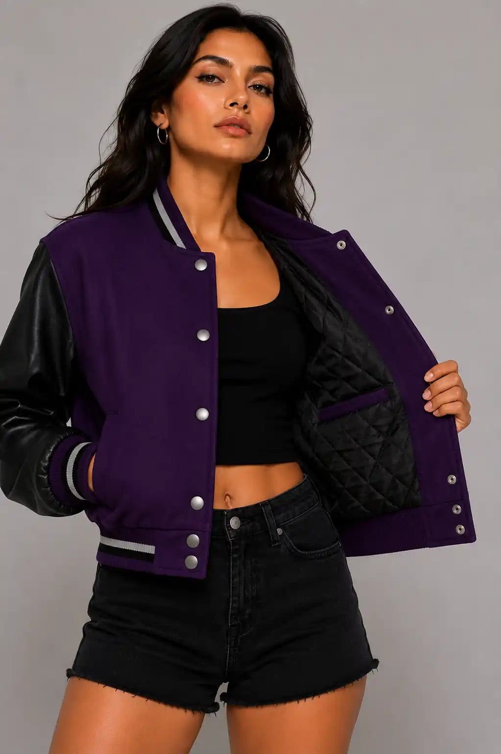 Royal Poison Embroidered Cropped Varsity Jacket Women Purple Black For Sale