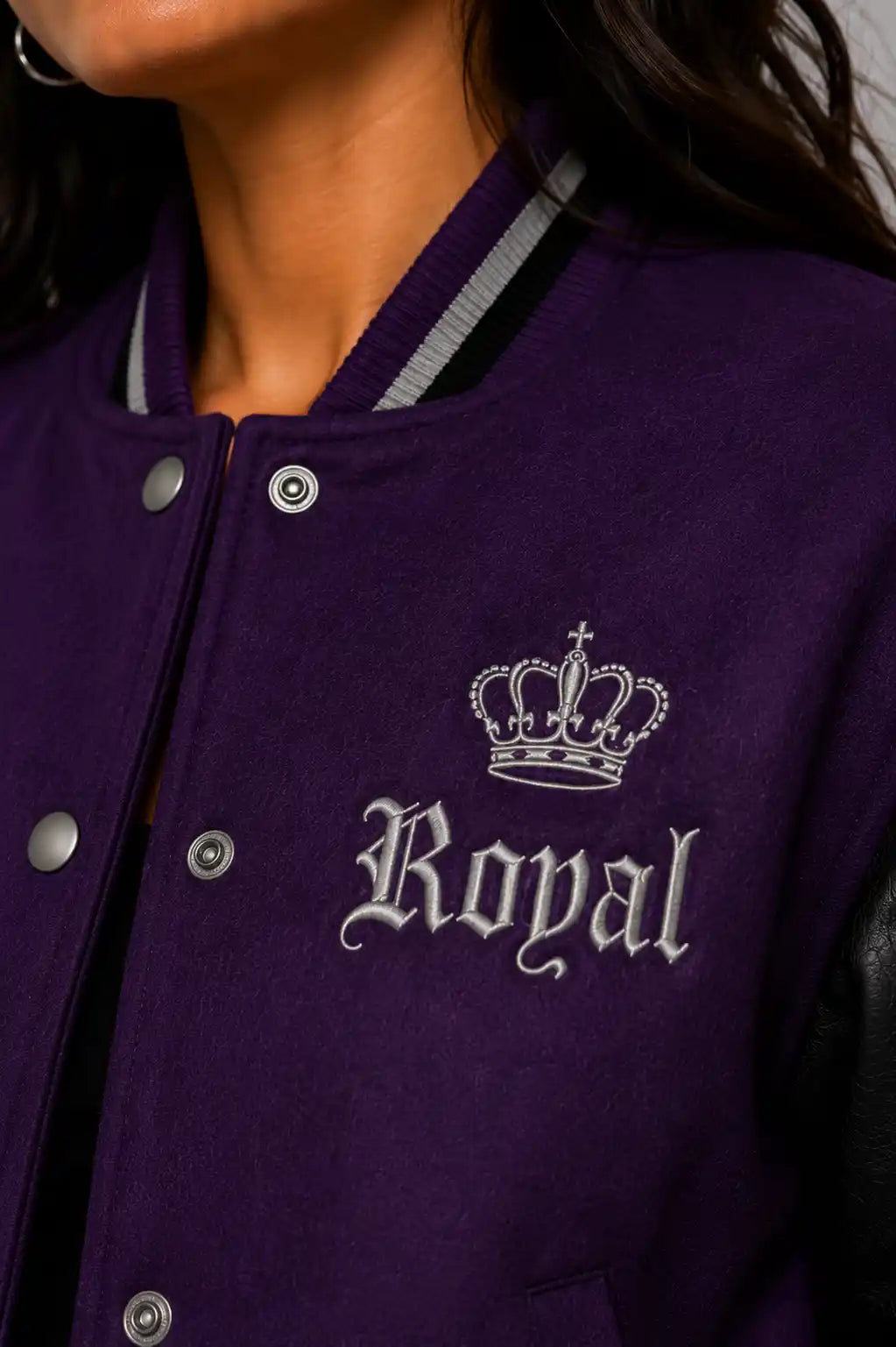 Royal Poison Embroidered Cropped Varsity Jacket Women Purple Black On Sale