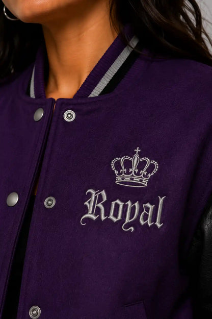 Royal Poison Embroidered Cropped Varsity Jacket Women Purple Black On Sale