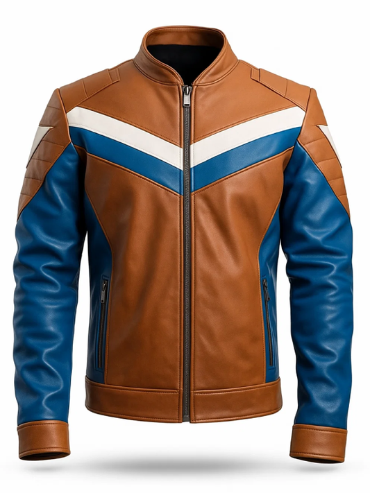 Sapphire Blue Brown Cafe Racer Leather Jacket
