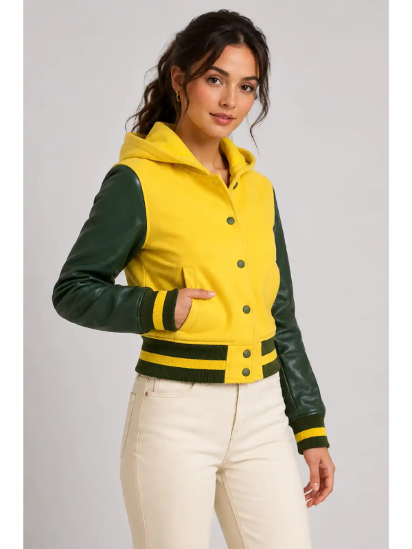 Shop Butter Yellow Forest Green Leather Hooded Womens Varsity Jacket