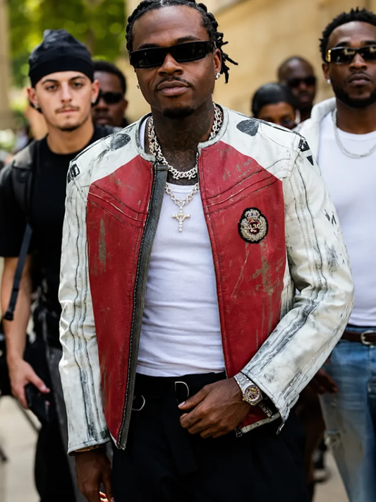 Shop Gunna Paris Fashion Week 2026 Under Armour Vintage Moto Red and White Leather Jacket For Men and Women