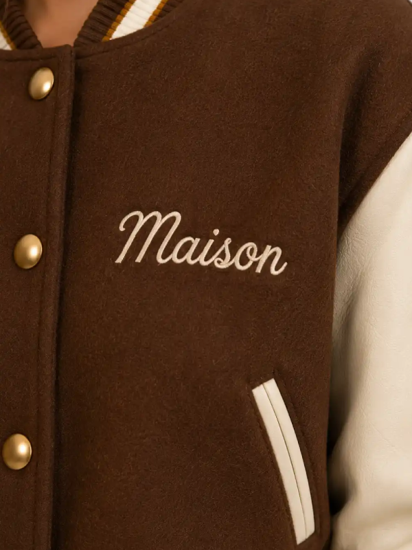 Shop Mocha Maison Embroidered Cropped Varsity Jacket Women Brown Cream Leather
