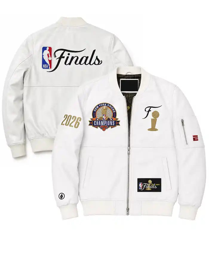 Shop New York Knicks FISLL 2026 NBA Finals Champions Team White Leather Jacket