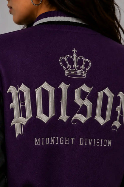 Shop Royal Poison Embroidered Cropped Varsity Jacket Women Purple Black