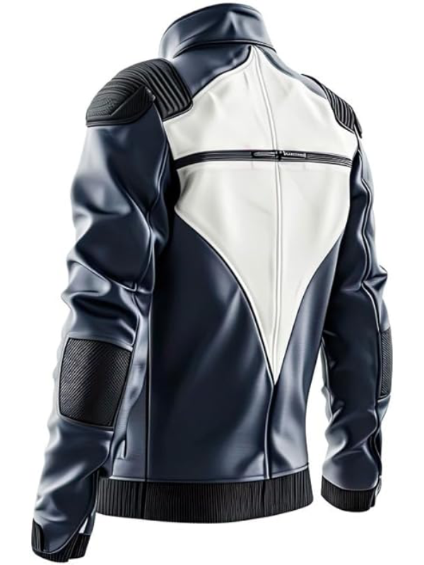 Slim Blue and White Biker Leather Jacket