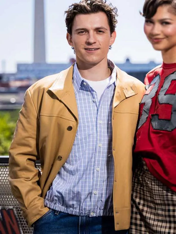 Tom Holland Spider Man Brand New Day 2026 Premiere Tan Leather Jacket