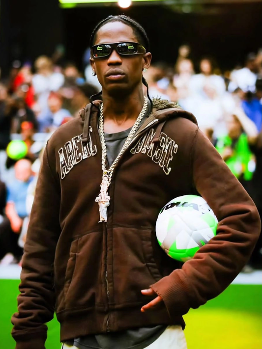 Travis Scott TOMA Football Event NYC Faux Fur Brown Zipper Hooded Jacket