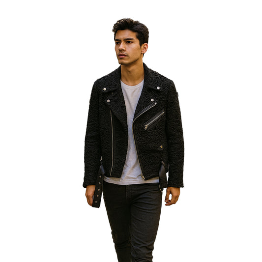 Man wearing a black textured jacket on a white background