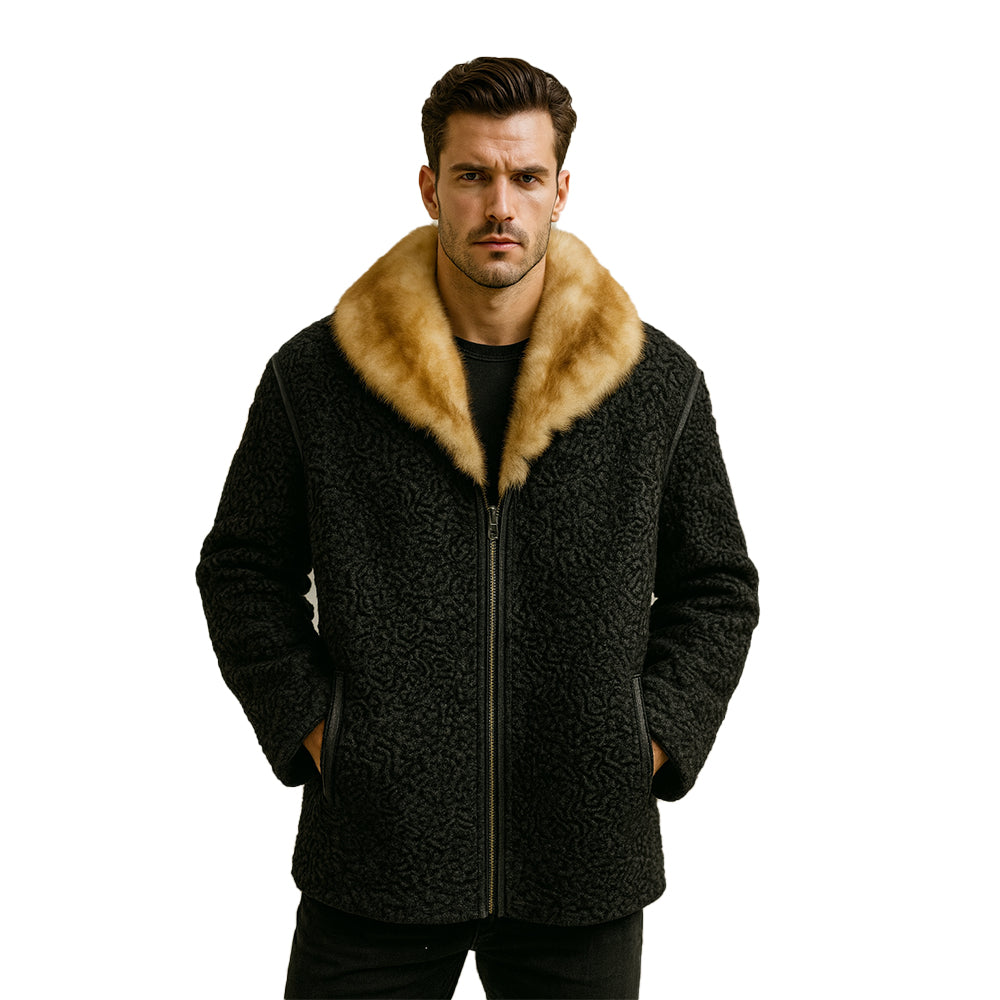 Mens Black Persian Lamb Coat Cream Color Mink Fur Collar Coat