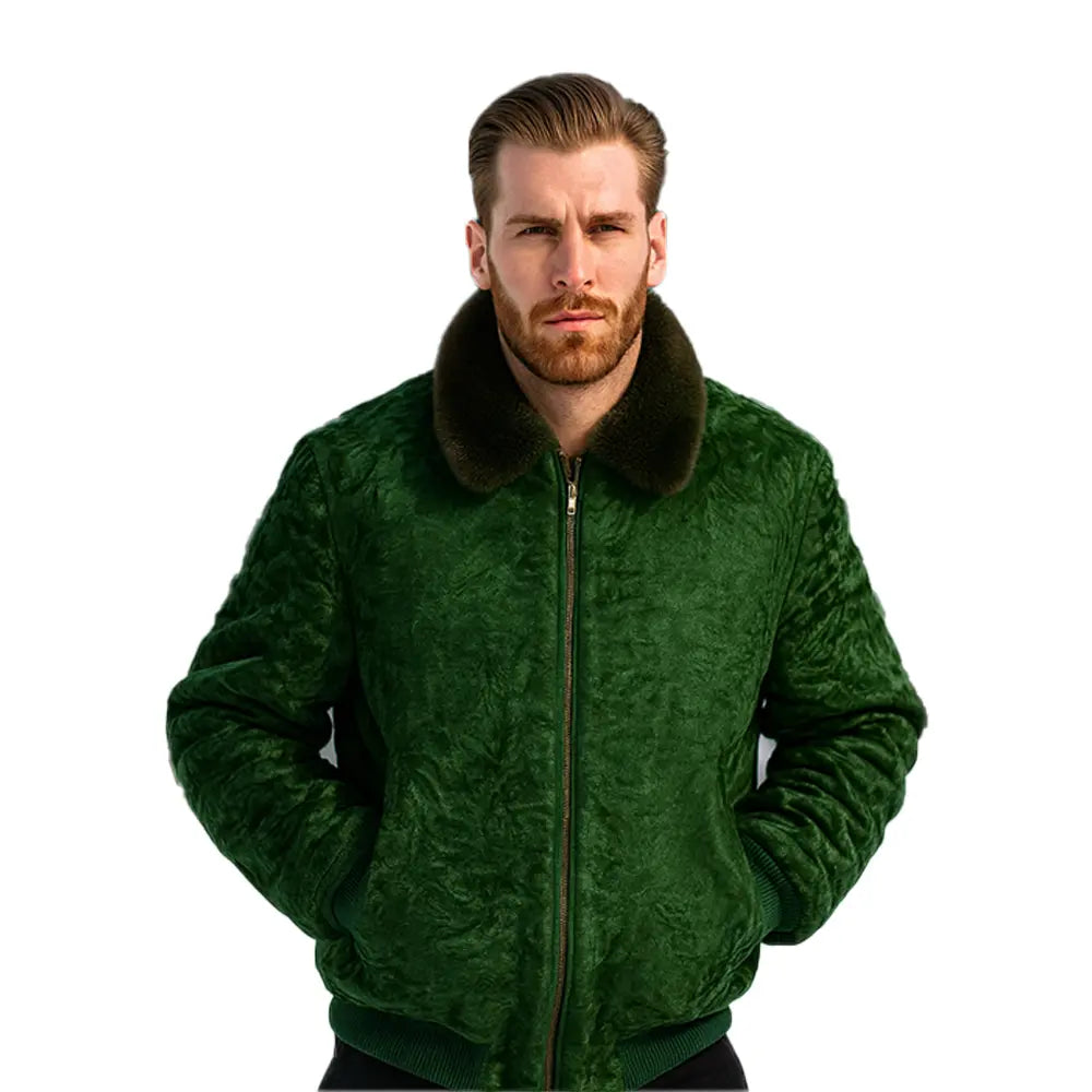 Men's Green Persian Lamb Fur bomber jacket green mink fur Collar