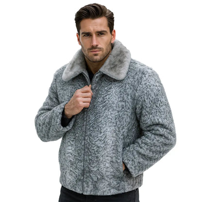 Gray Real Persian Lamb broad tail Fur coat shawl/Jacket with mink fur collar Men's women's