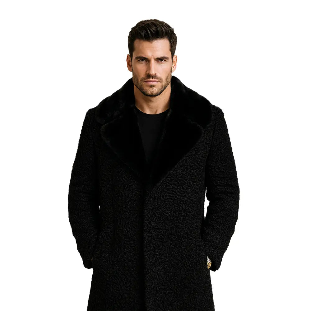 Persian Lamb Real Mink Fur Collar Mens Black Long Winter Coat