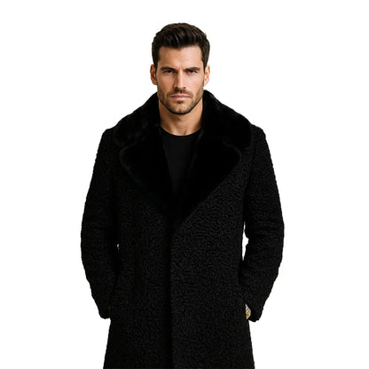 Persian Lamb Real Mink Fur Collar Mens Black Long Winter Coat