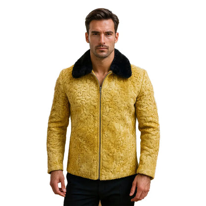 Mens Mustard Brown Persian Lamb Fur Winter Style Bomber Jacket