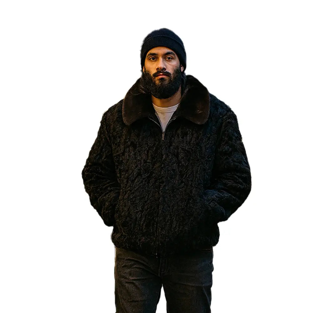 Black Persian Lamb Fur Bomber jacket With Mink Fur Collar