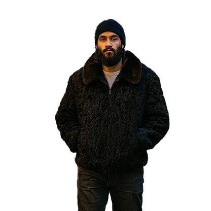Black Persian Lamb Fur Bomber jacket With Mink Fur Collar