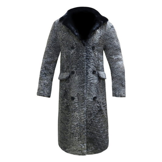 Men's Gray Persian Lamb Fur With Mink Fur Collar Long Coat