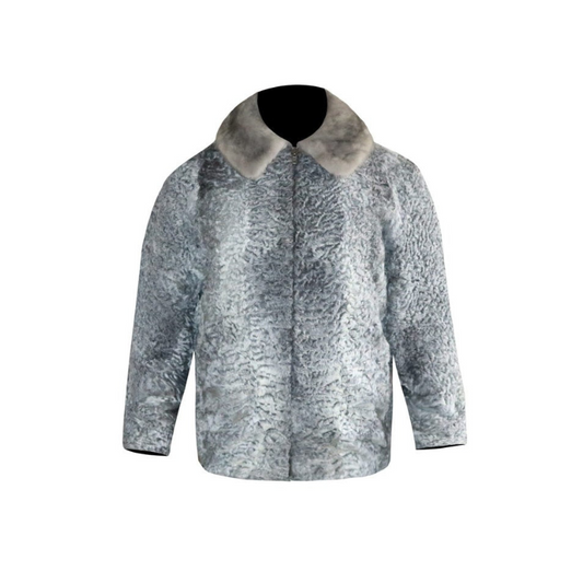 Gray Real Persian Lamb broad tail Fur coat shawl/Jacket with mink fur collar Men's women's