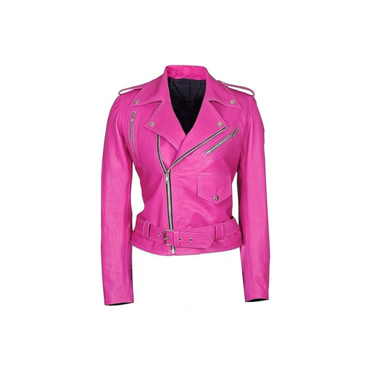 BLS Women’s Hot Pink Belted Slim Fit Ladies Short Biker Genuine Lambskin Leather Motorcycle Brando Streetwear Jacket