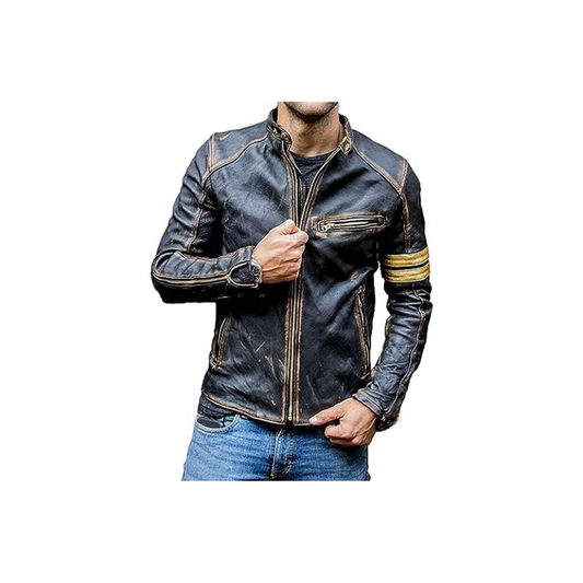 Jorde Calf Men's Retro Vintage Cafe Racer Leather Jacket | Golden Stripes Motorcycle Distressed Leather Jacket For Men.