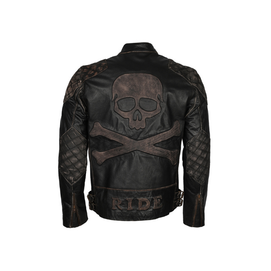 Mens Skull Embossed Black Distressed Cowhide Leather Motorcyle Jacket