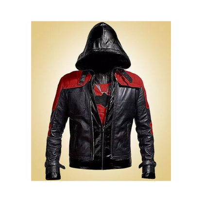 RED & BLACK HOOD LEATHER JACKET & VEST BATMAN ARKHAM KNIGHT GAME COSTUME