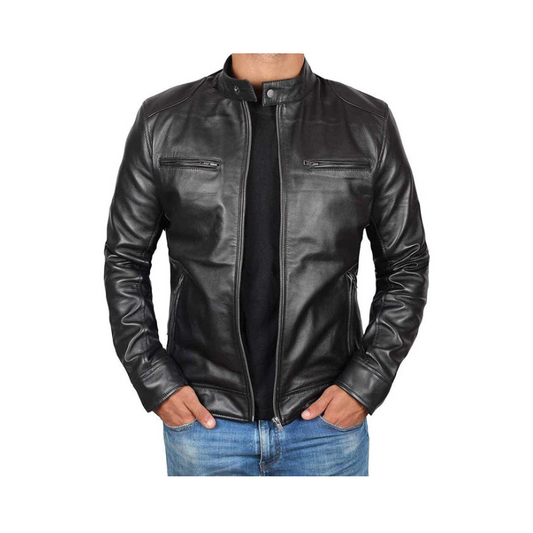 Dodge Tall Mens Black Cafe Racer Leather Jacket