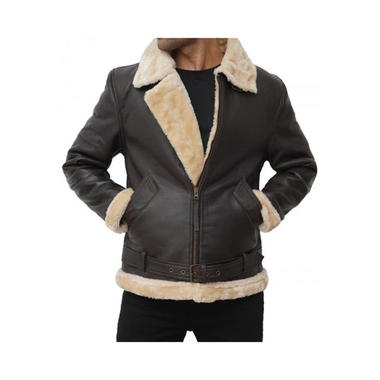 Mens Real Leather Dark Brown Shearling Bomber Jacket