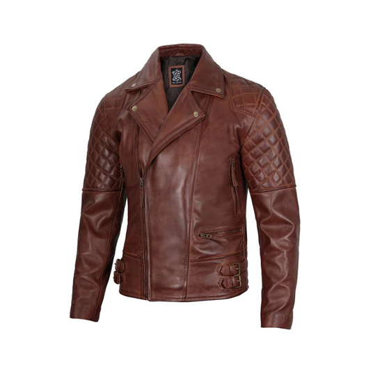 Frisco Mens Distressed Brown Quilted Asymmetrical Leather Biker Jacket