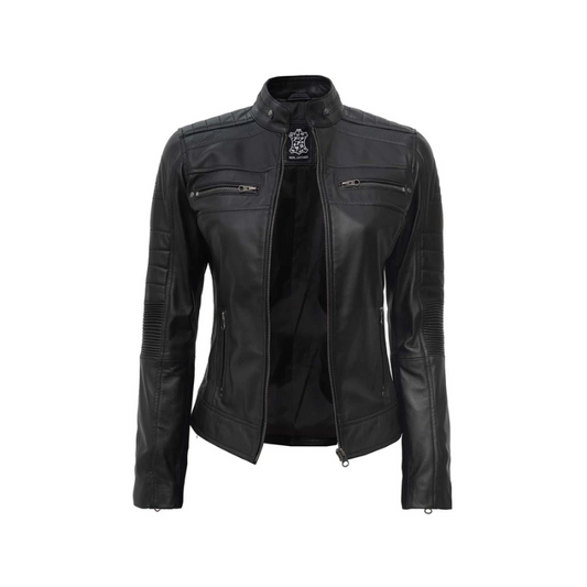 Womens Black Cafe Racer Leather Jacket