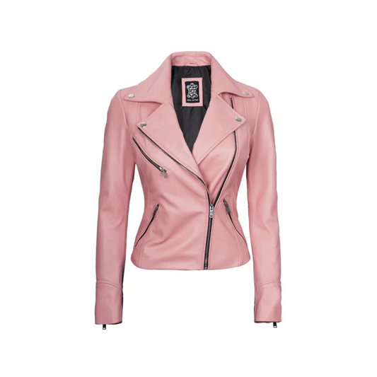 Ninfa Women's Pink Asymmetrical Biker Leather Jacket