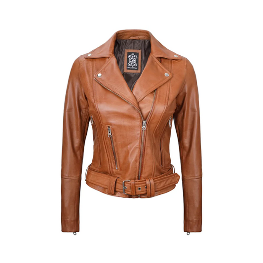 Elisa Womens Light Brown Asymmetrical Motorcycle Leather Jacket