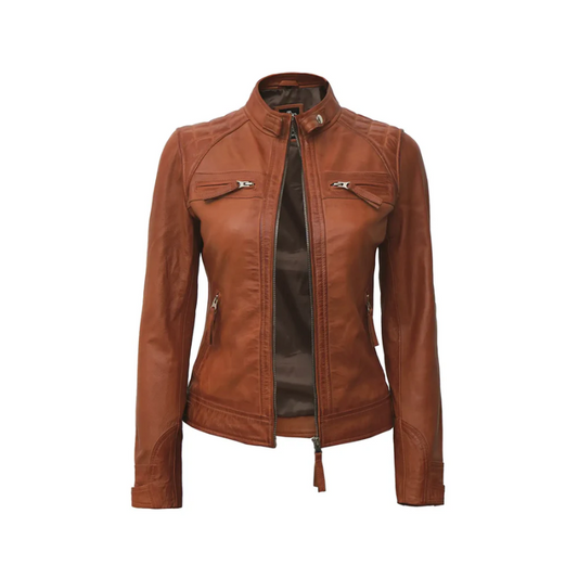 Diamond Women's Tan Quilted Biker Leather Jacket