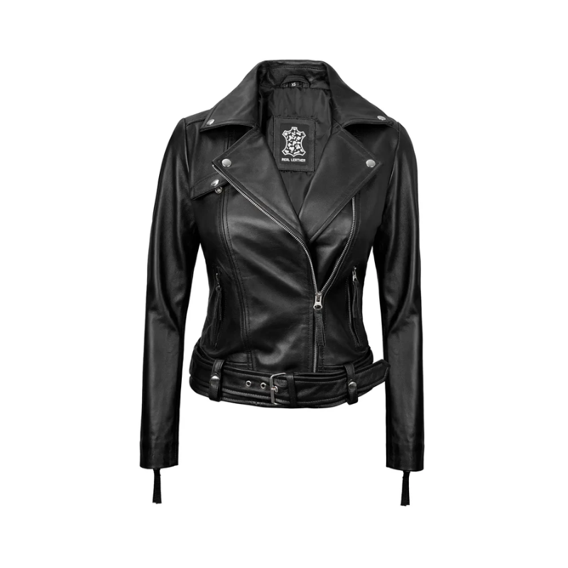 Angela Womens Black Belted Asymmetrical Leather Jacket