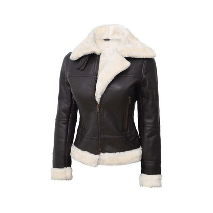 Frances Dark Brown Real Leather Shearling Bomber Jacket