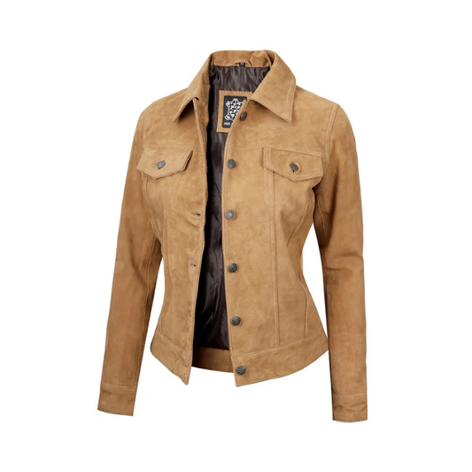 Women's Light Tan Suede Leather Trucker Jacket