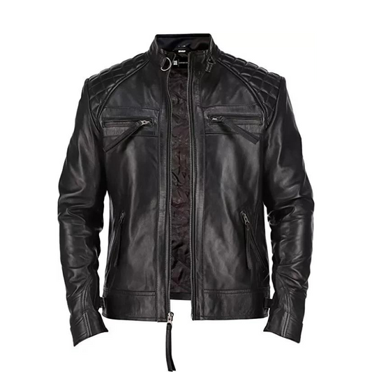 Classic Diamond Men's Café Racer Vintage Distressed Black Moto Leather Jacket