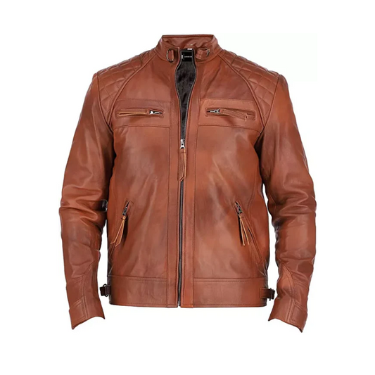 Classic Diamond Leather Jacket Café Racer Vintage Distressed Tan Brown Moto Men