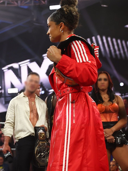 WWE NXT 2026 TNA Knockouts Champion Kelani Jordan Red Leather Adidas 3 Stripes Hooded Coat