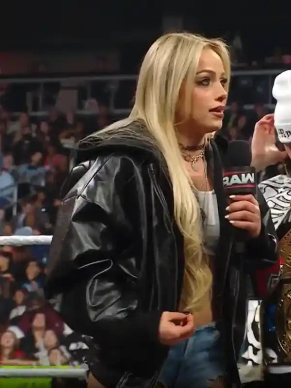 WWE RAW 2026 Liv Morgan RAW is WAR Black Leather Bomber Hooded Jacket