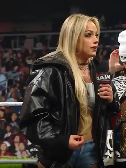 WWE RAW 2026 Liv Morgan RAW is WAR Black Leather Bomber Hooded Jacket
