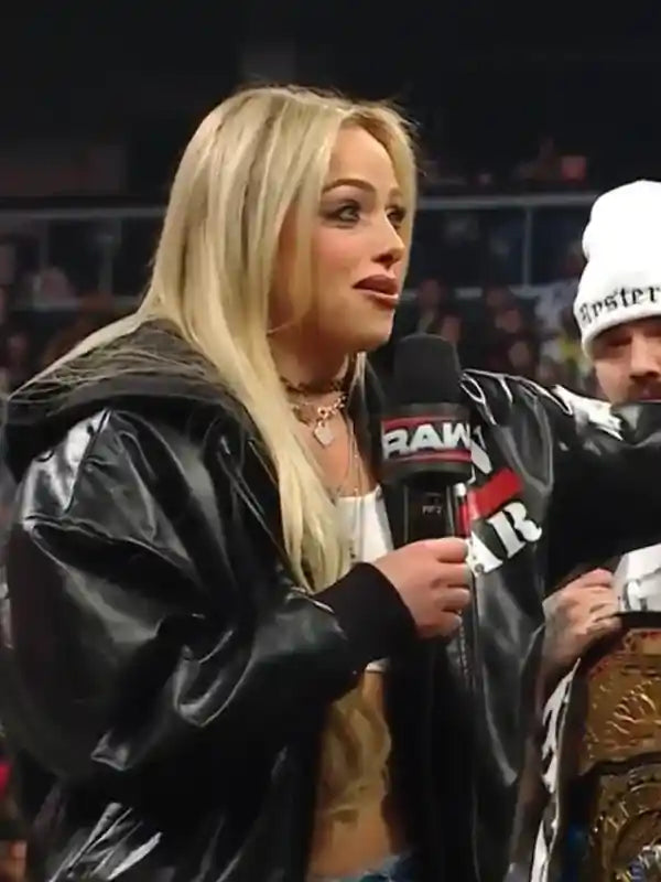 WWE RAW 2026 Liv Morgan RAW is WAR Black Leather Hooded Jacket
