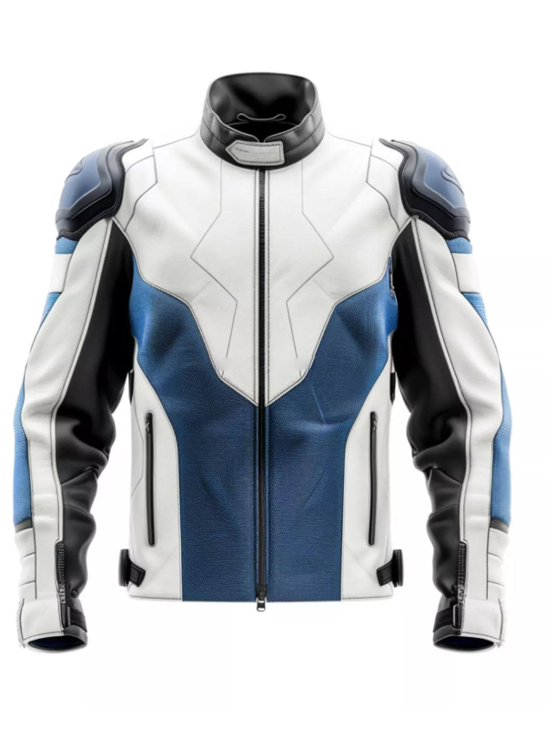 White and Blue Mens Racing 2026 Leather Jacket