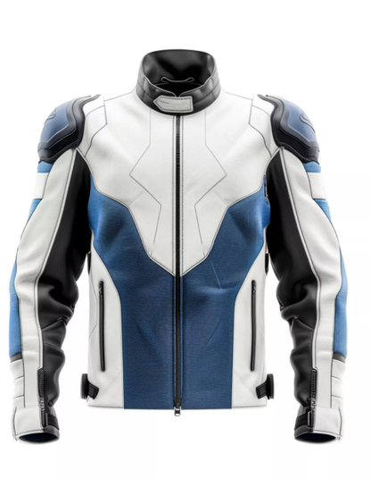 White and Blue Mens Racing 2026 Leather Jacket