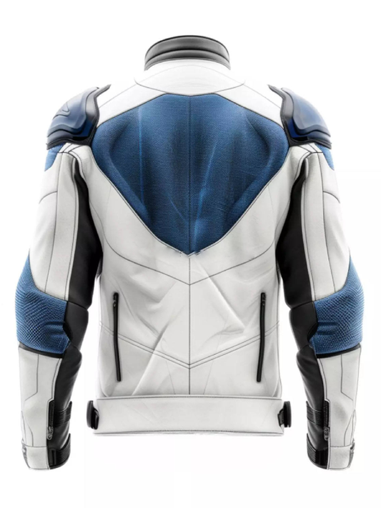 White and Blue Racing Leather Jacket