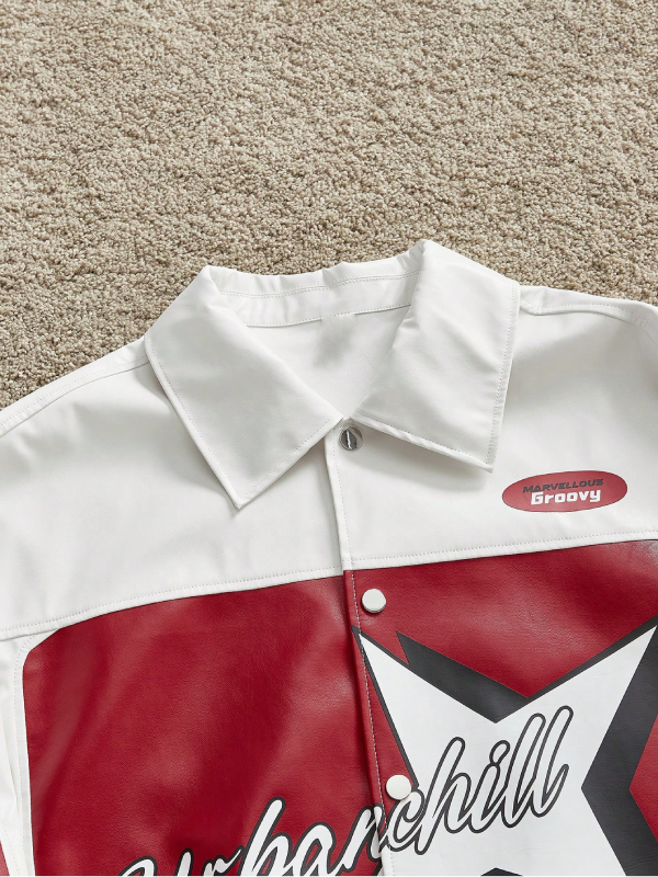 White and Red Faux Leather Racing Jacket