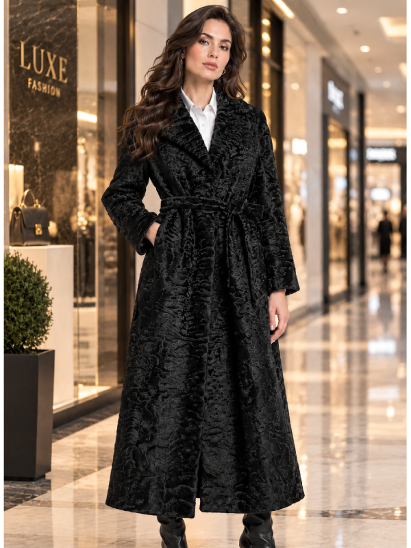 Black Swakara Fur Belted Coat